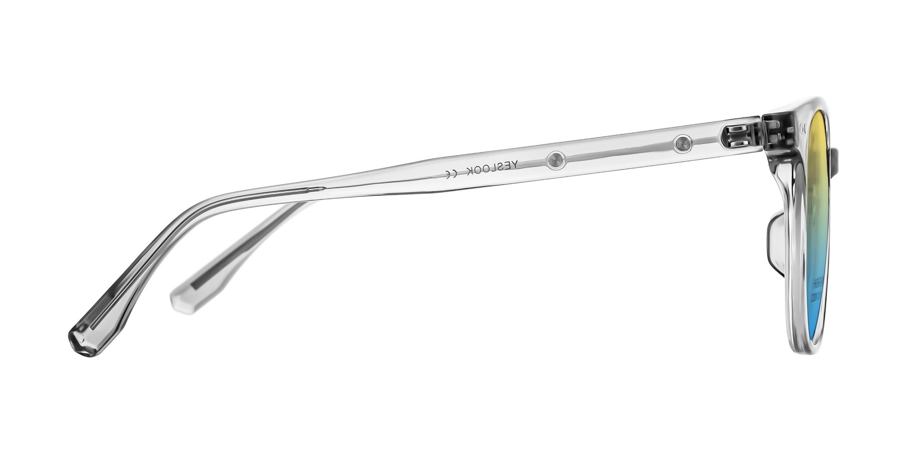 Side of Lozzuri in Transparent Gray with Yellow / Blue Gradient Lenses