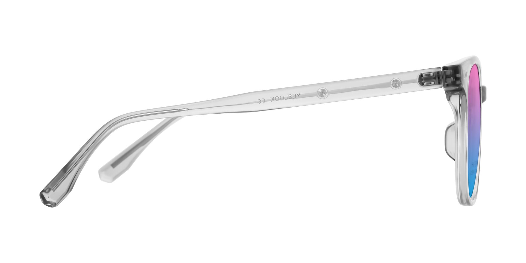 Side of Lozzuri in Transparent Gray with Pink / Blue Gradient Lenses