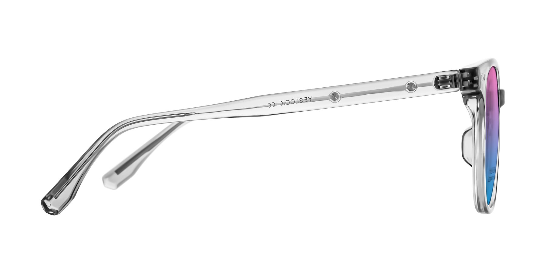 Side of Lozzuri in Transparent Gray with Pink / Blue Gradient Lenses