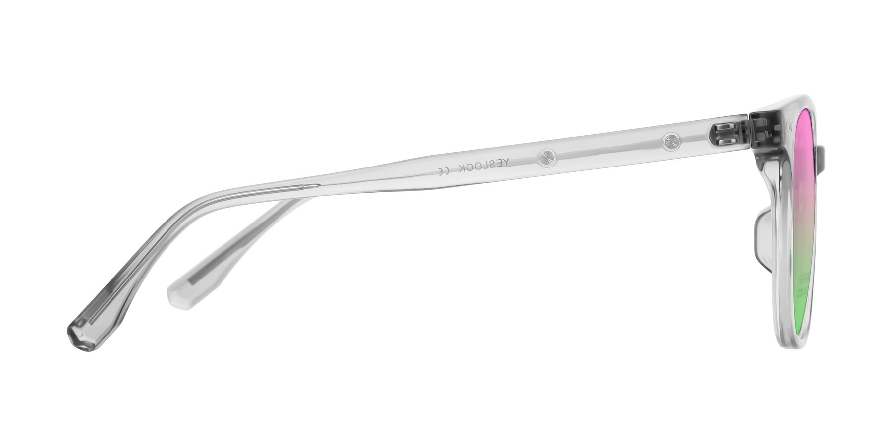 Side of Lozzuri in Transparent Gray with Pink / Green Gradient Lenses
