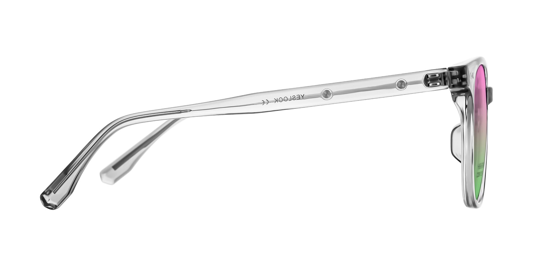 Side of Lozzuri in Transparent Gray with Pink / Green Gradient Lenses