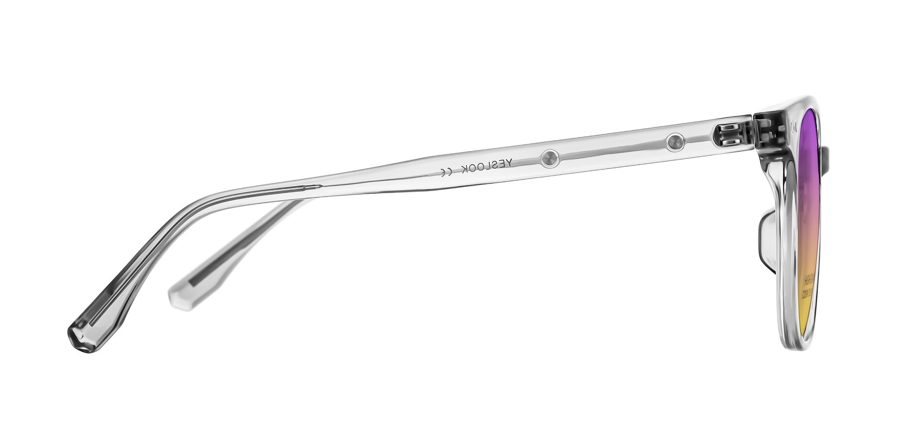 Side of Lozzuri in Transparent Gray with Purple / Yellow Gradient Lenses