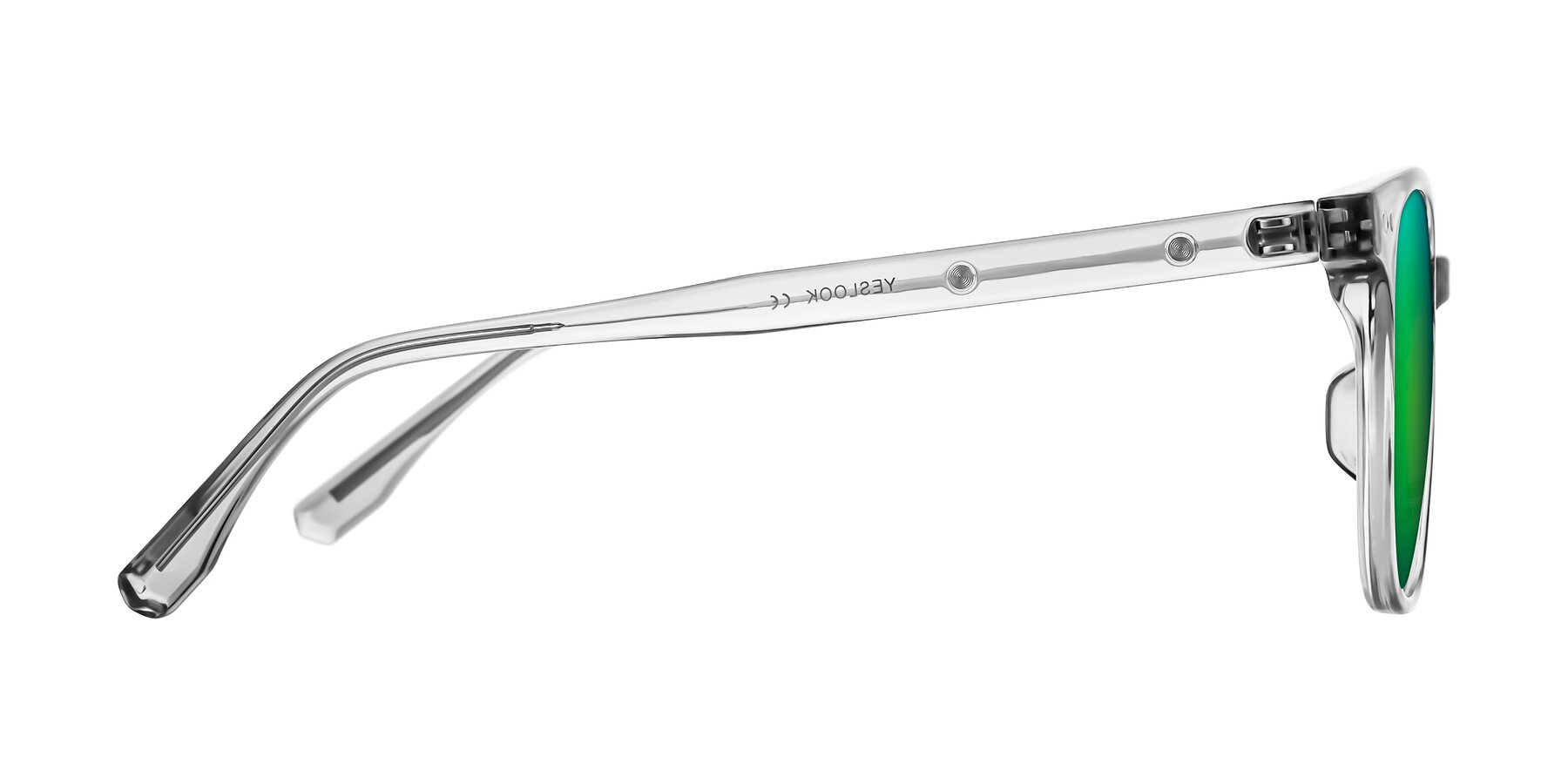 Side of Lozzuri in Transparent Gray with Green Mirrored Lenses
