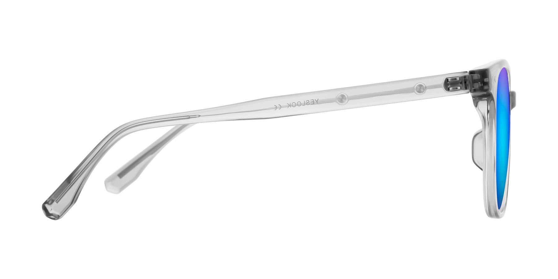 Side of Lozzuri in Transparent Gray with Blue Mirrored Lenses