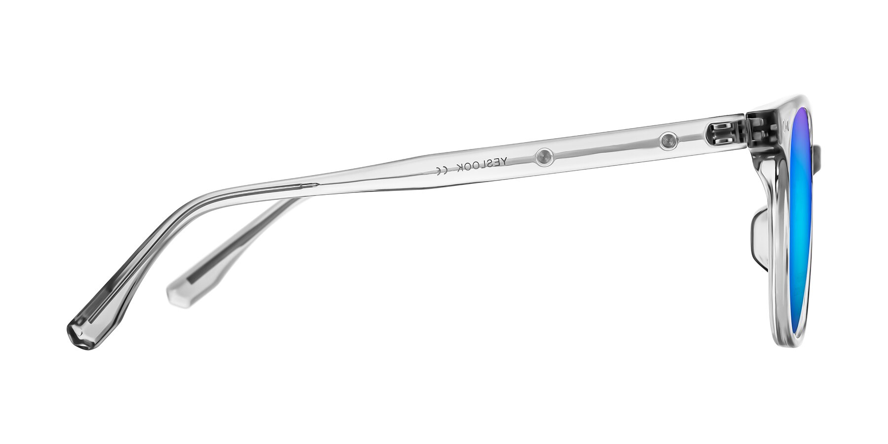 Side of Lozzuri in Transparent Gray with Blue Mirrored Lenses
