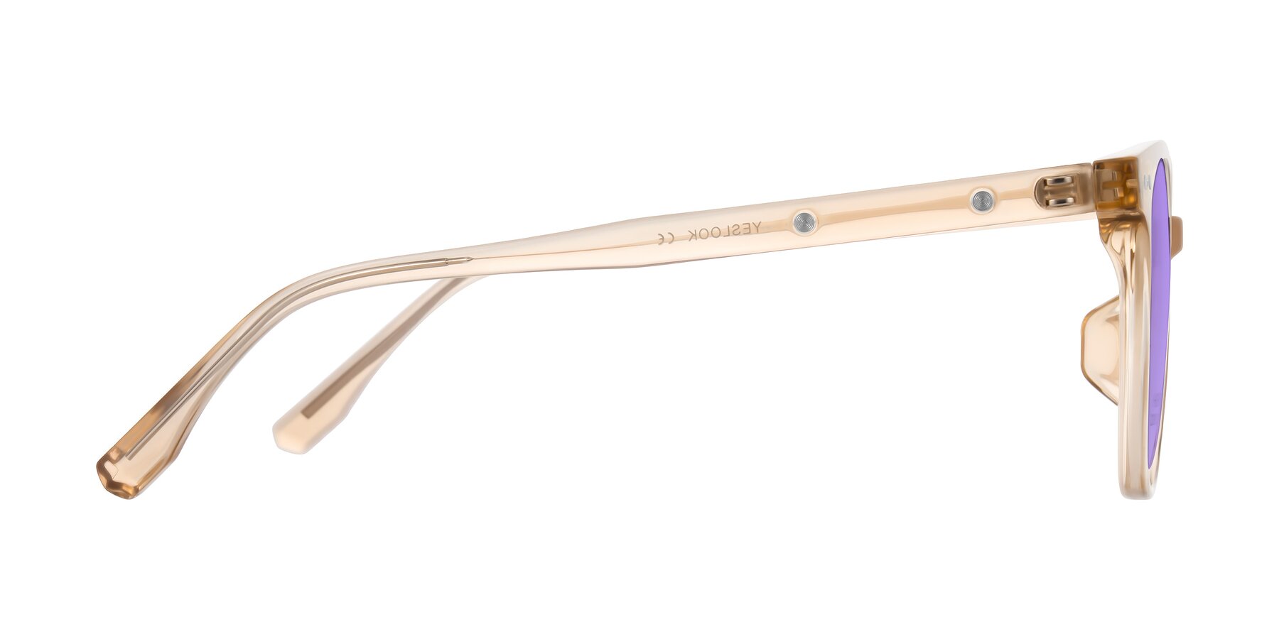 Side of Lozzuri in Transparent Champagne with Medium Purple Tinted Lenses