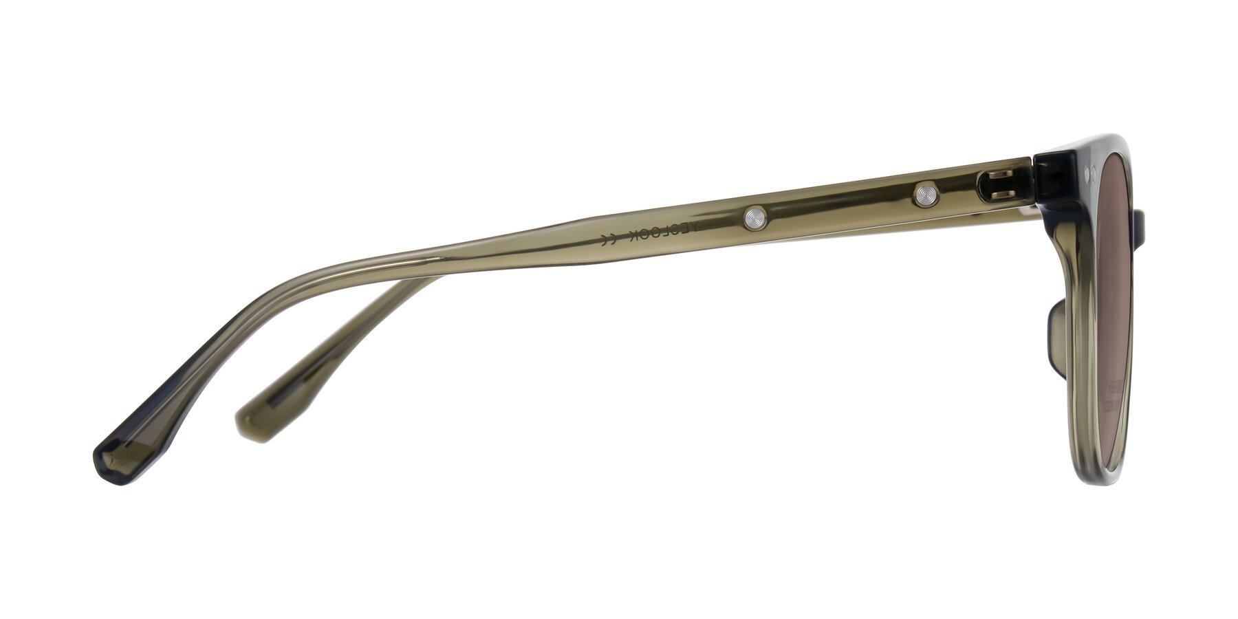 Side of Lozzuri in Translucent Green with Medium Brown Tinted Lenses