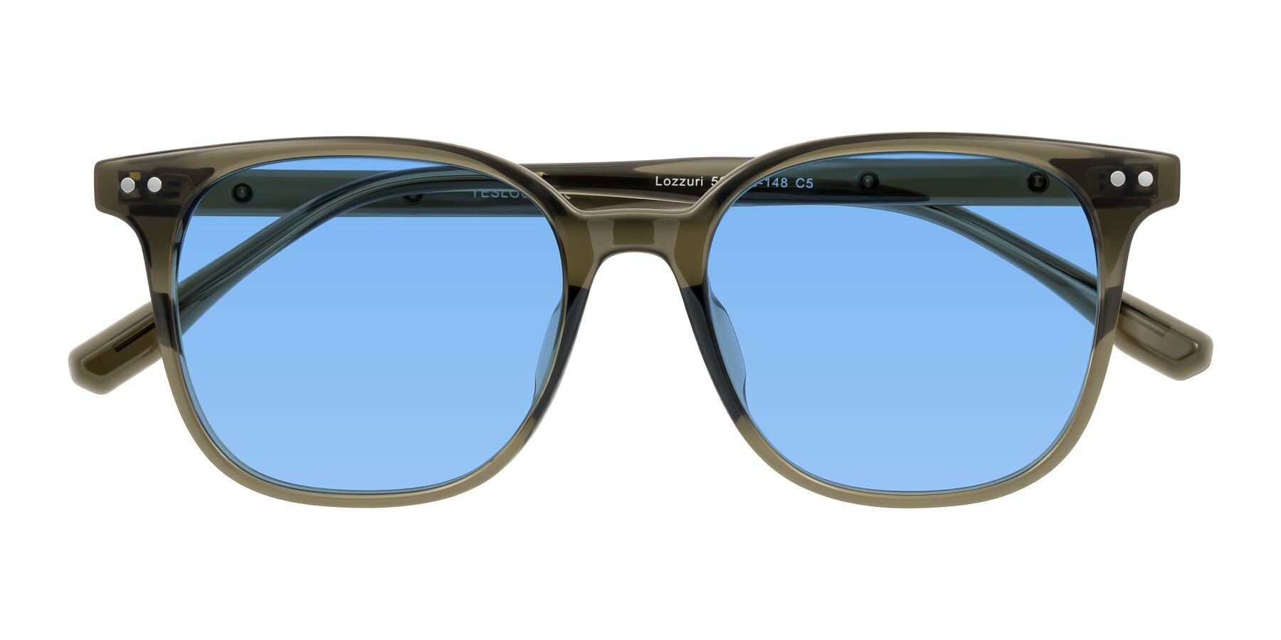 Folded Front of Lozzuri in Translucent Green with Medium Blue Tinted Lenses