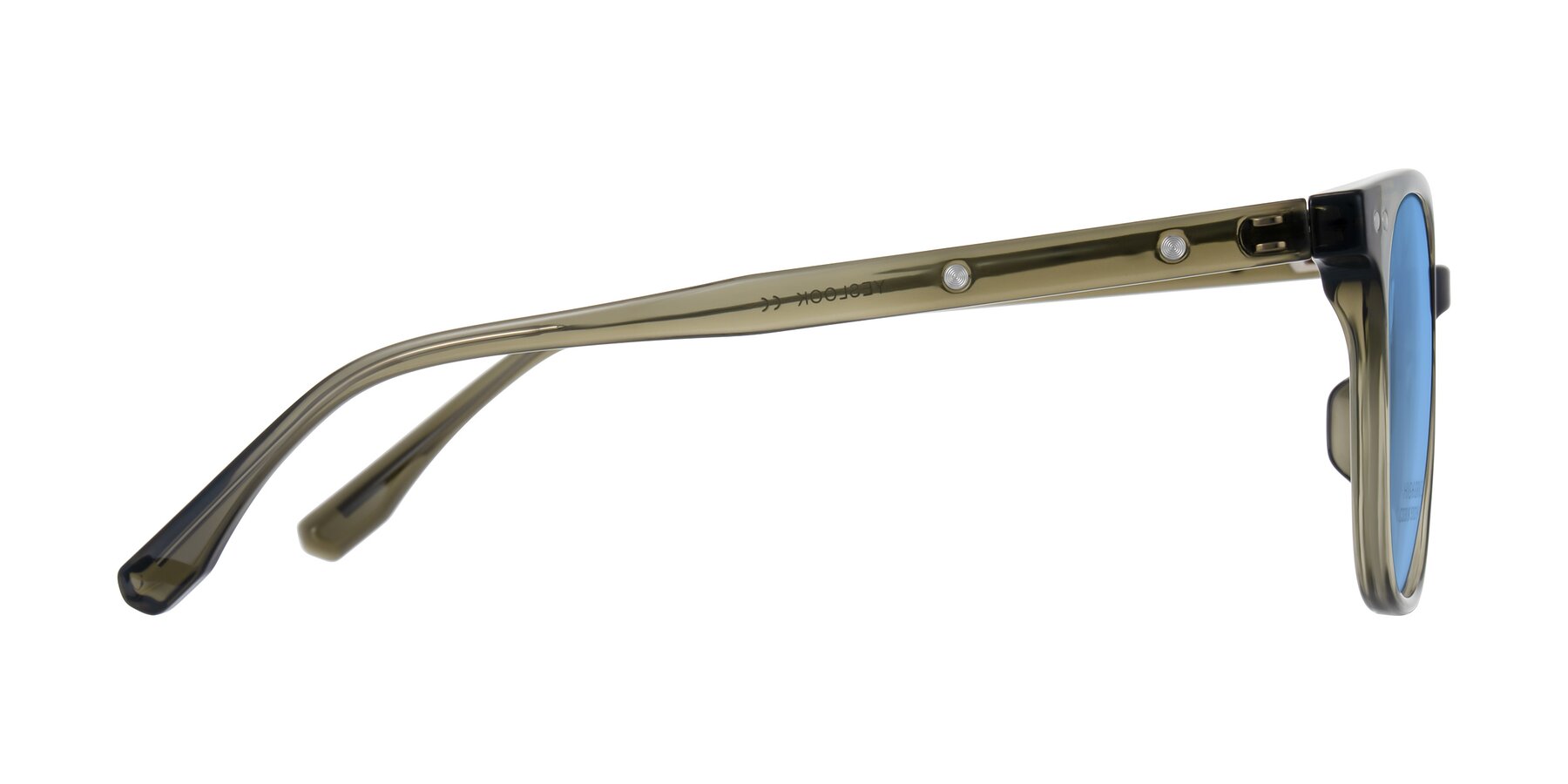 Side of Lozzuri in Translucent Green with Medium Blue Tinted Lenses
