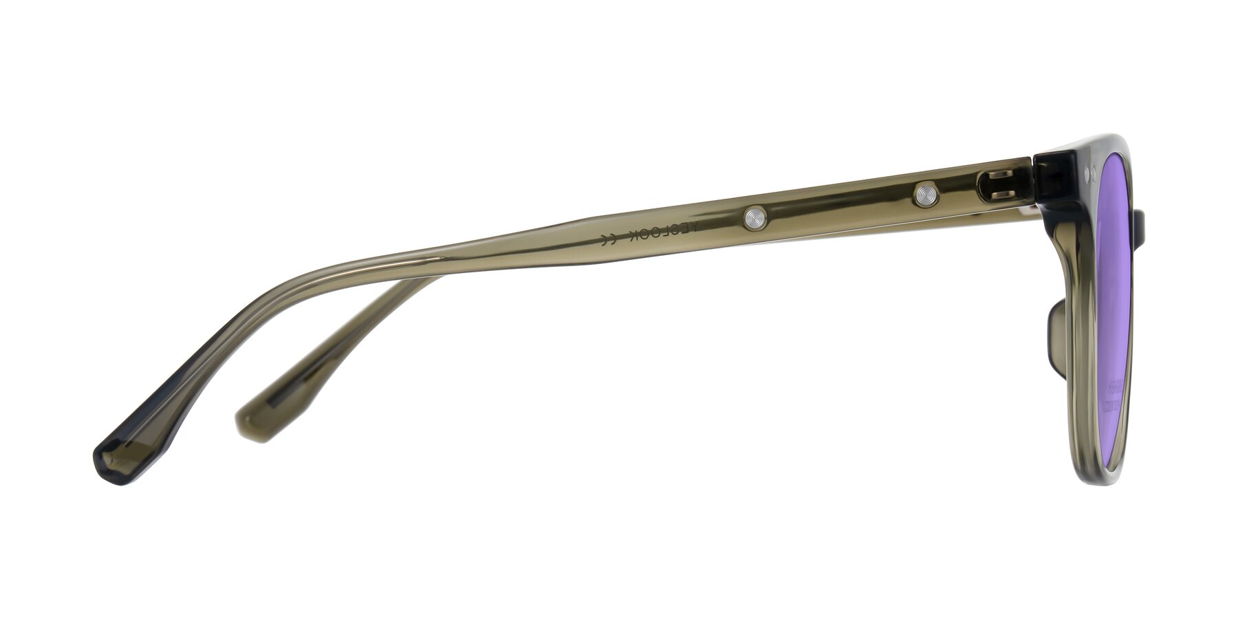 Side of Lozzuri in Translucent Green with Medium Purple Tinted Lenses