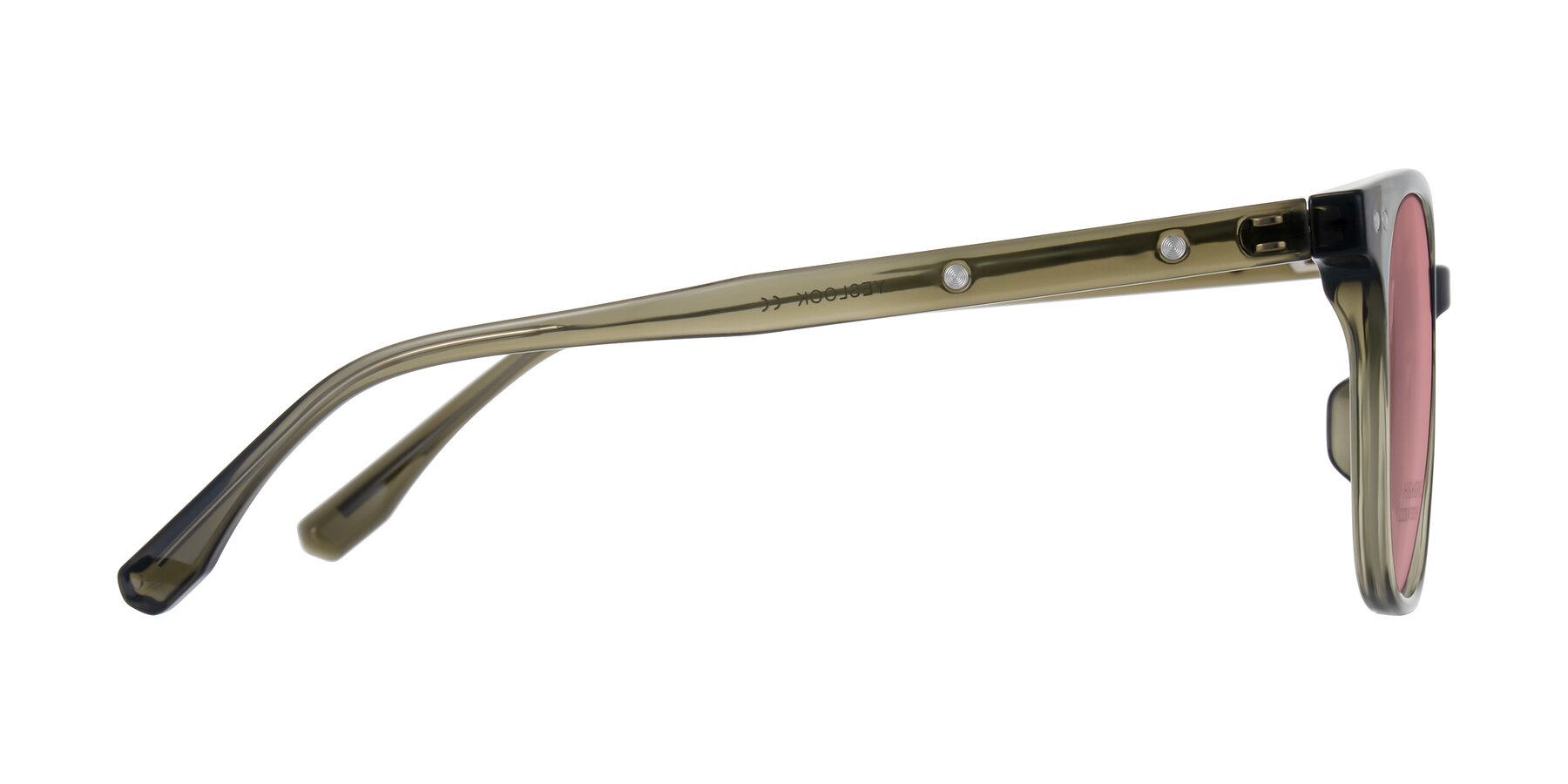 Side of Lozzuri in Translucent Green with Medium Garnet Tinted Lenses