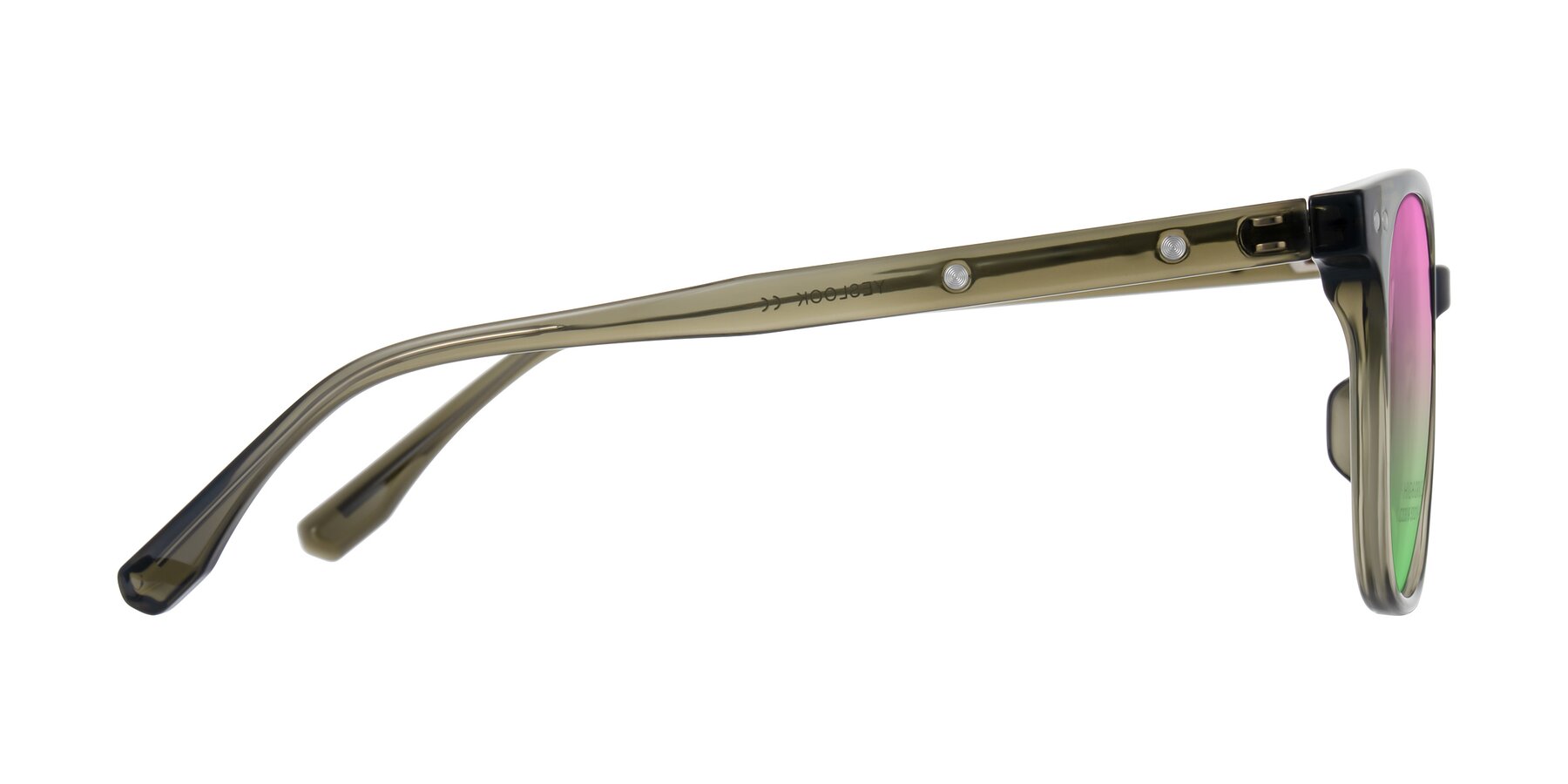 Side of Lozzuri in Translucent Green with Pink / Green Gradient Lenses