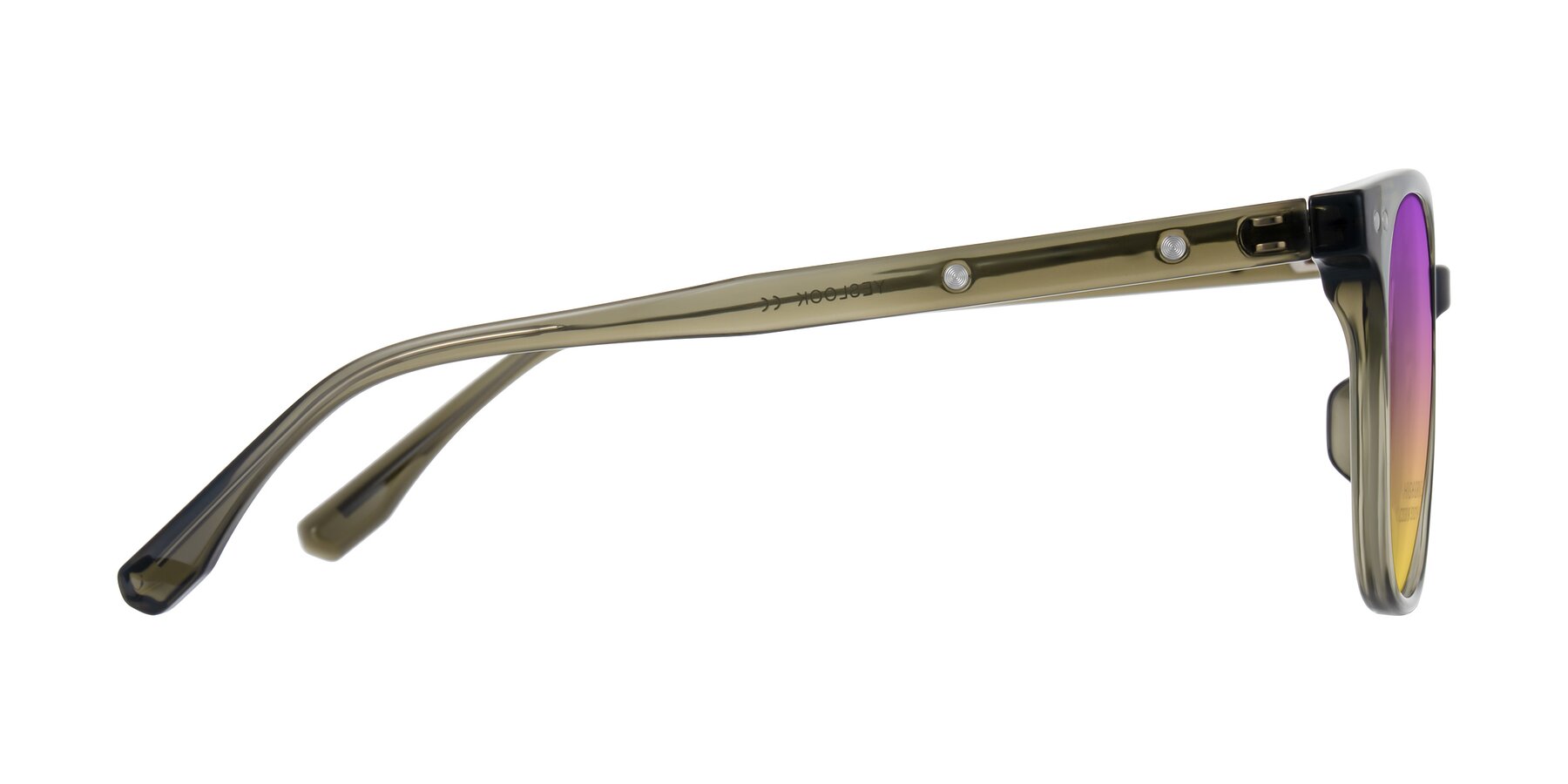 Side of Lozzuri in Translucent Green with Purple / Yellow Gradient Lenses