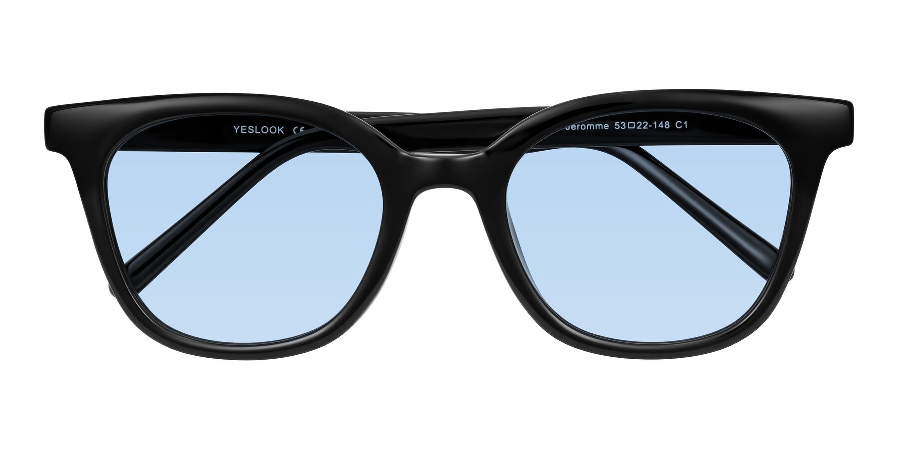 Folded Front of Jeromme in Black with Light Blue Tinted Lenses