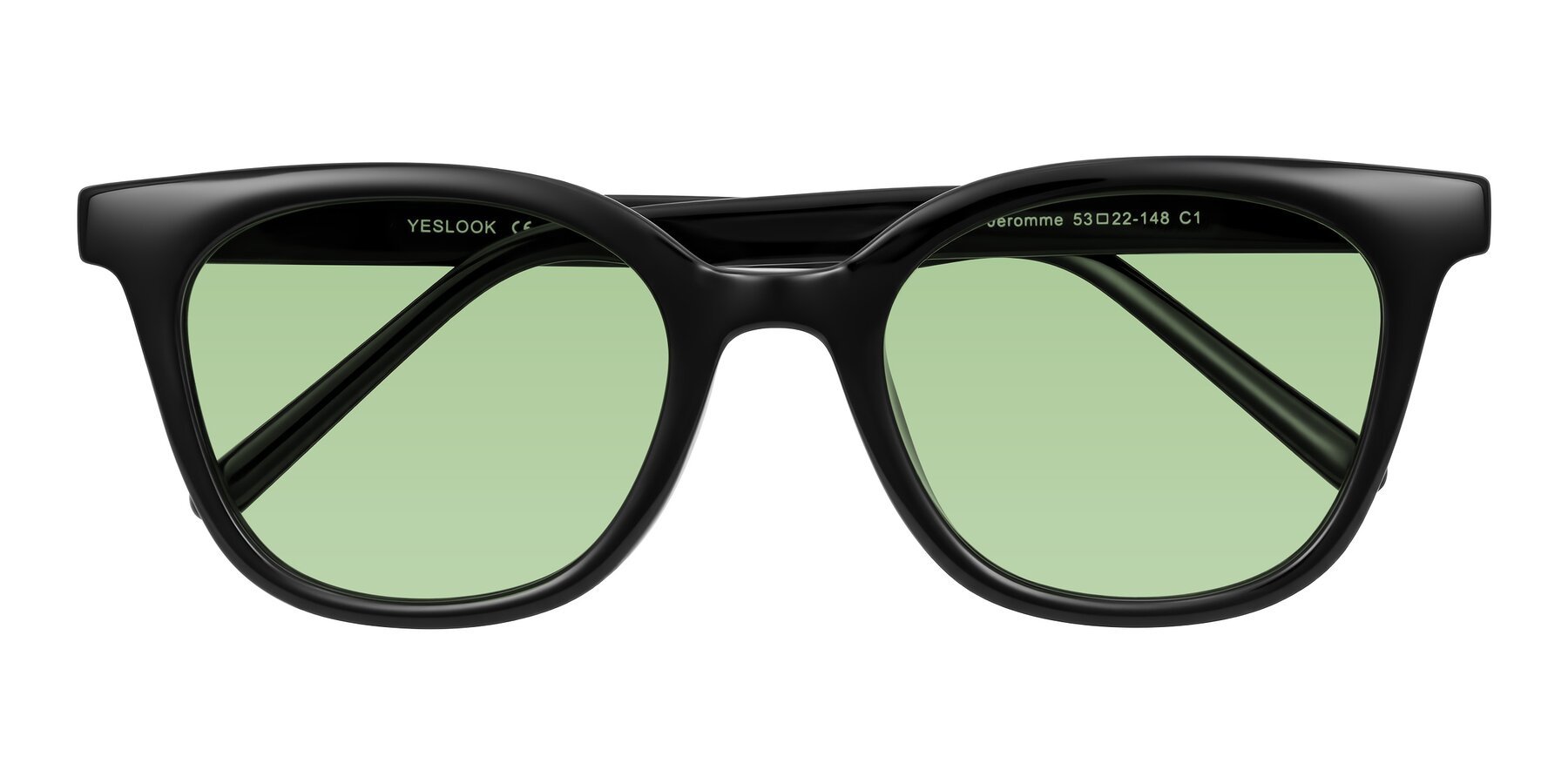 Folded Front of Jeromme in Black with Medium Green Tinted Lenses