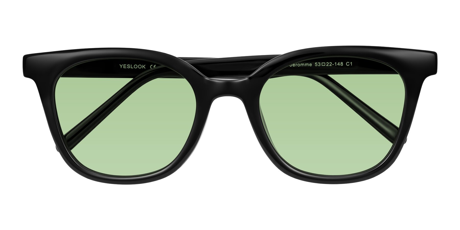 Folded Front of Jeromme in Black with Medium Green Tinted Lenses