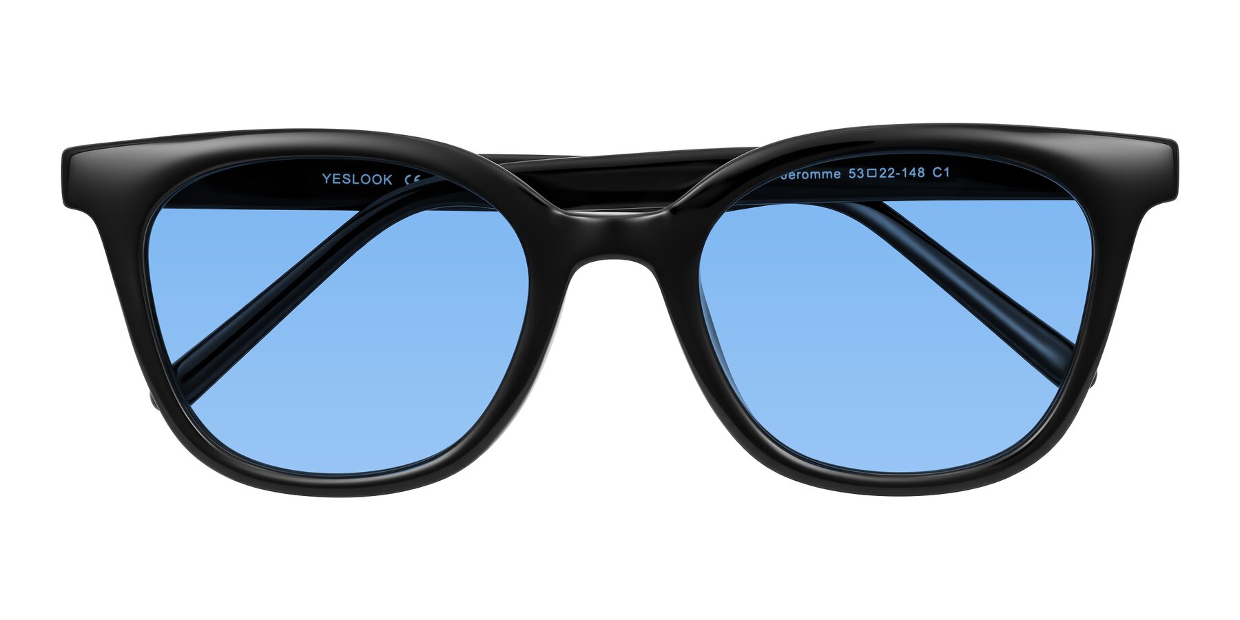 Folded Front of Jeromme in Black with Medium Blue Tinted Lenses