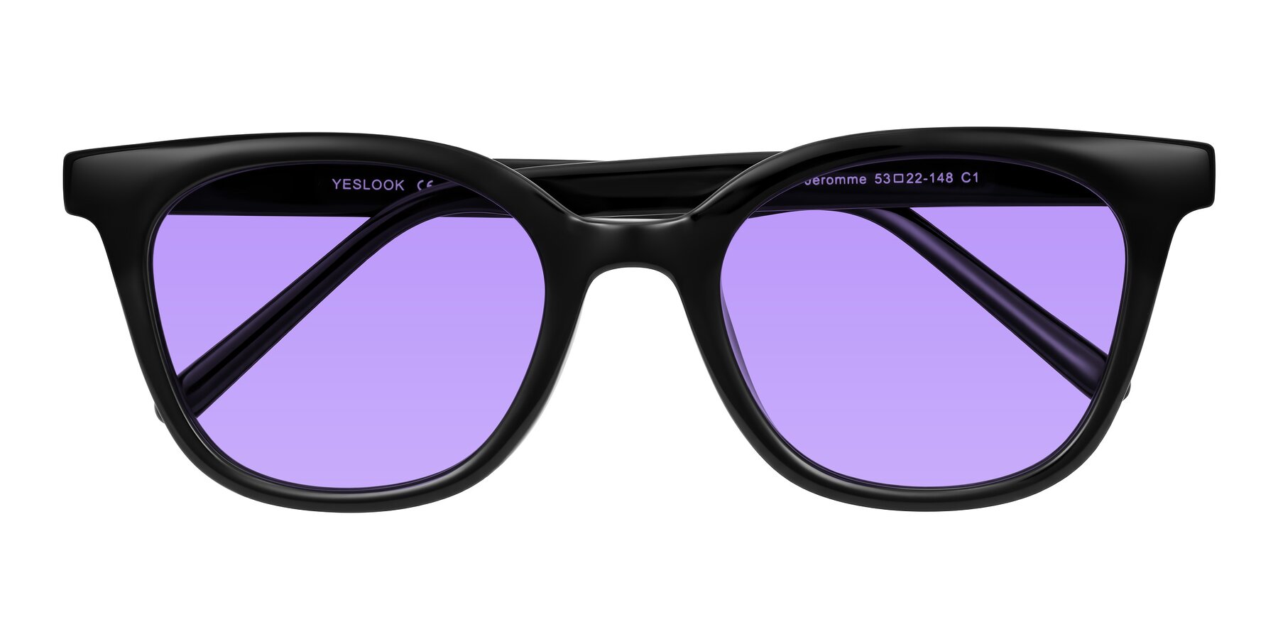 Folded Front of Jeromme in Black with Medium Purple Tinted Lenses