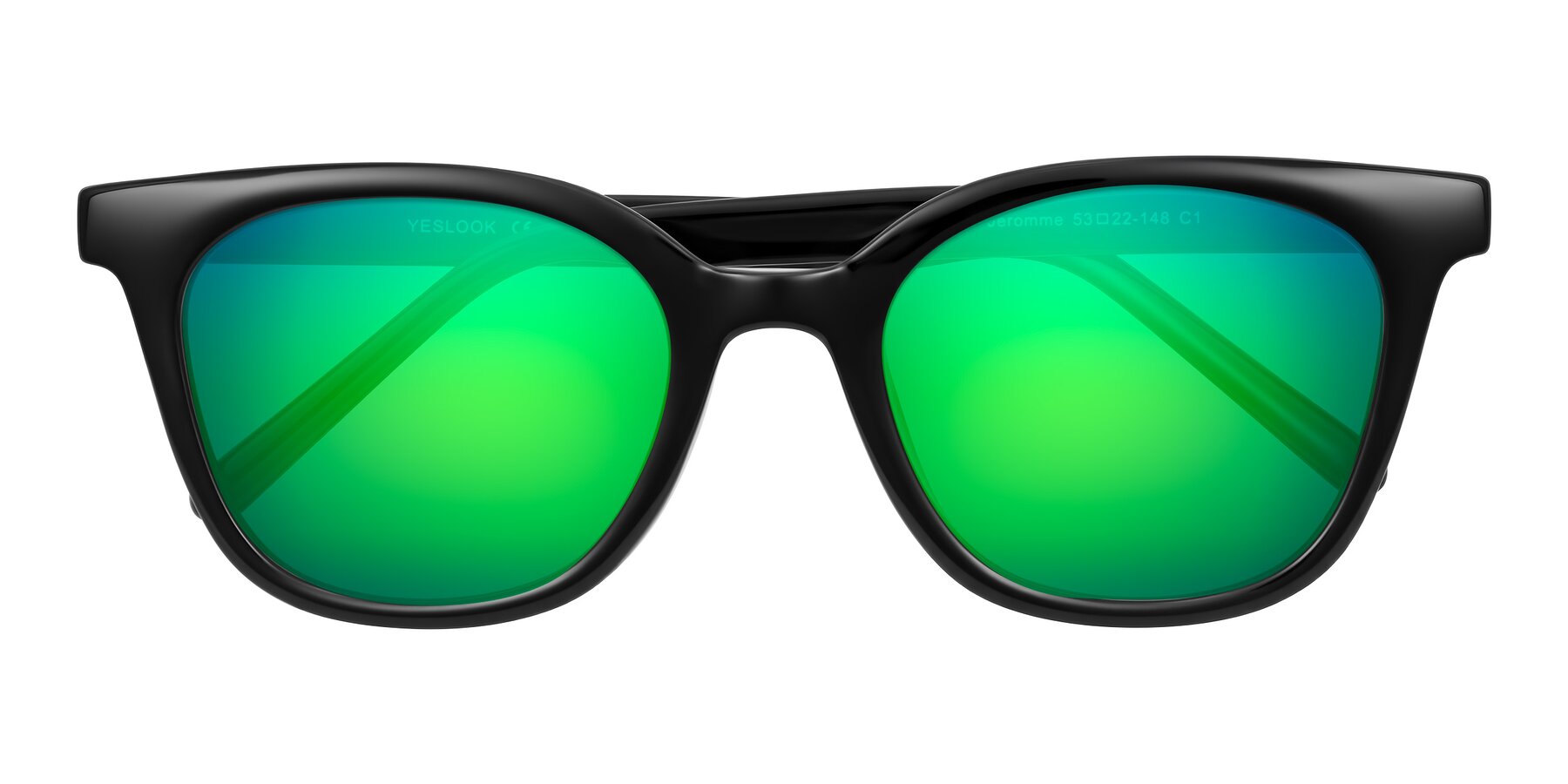 Folded Front of Jeromme in Black with Green Mirrored Lenses