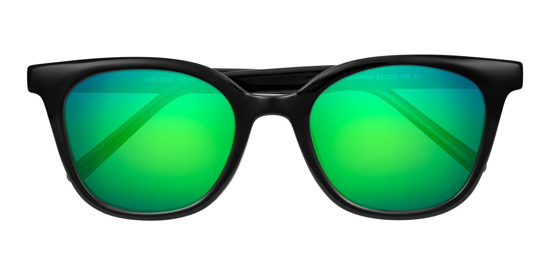 Folded Front of Jeromme in Black with Green Mirrored Lenses
