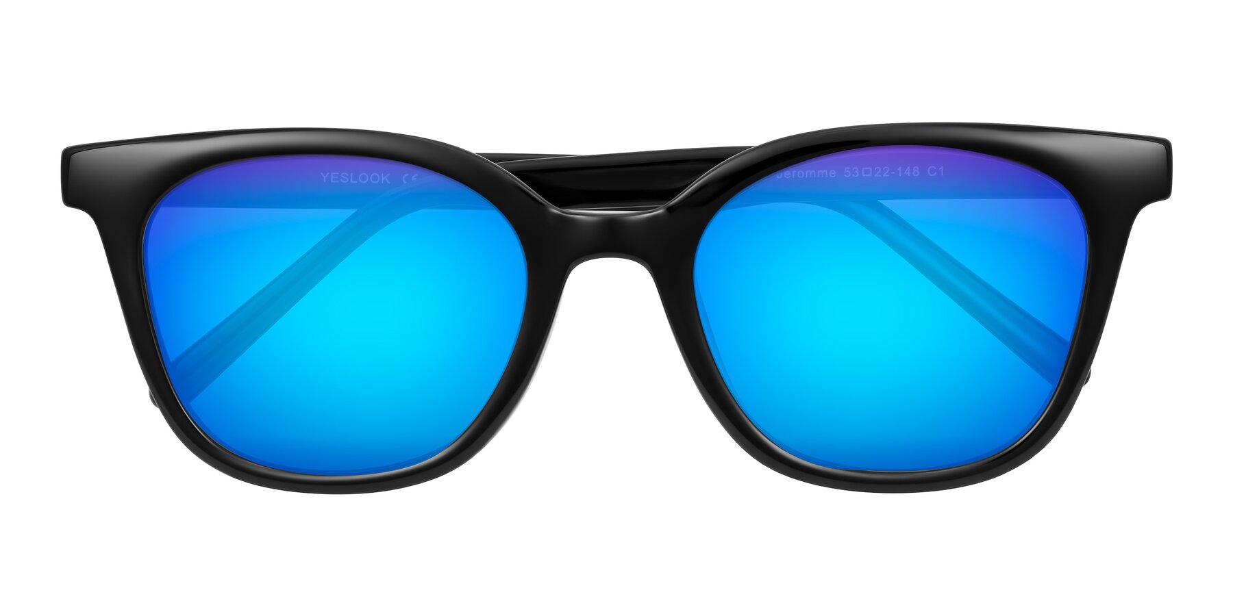 Folded Front of Jeromme in Black with Blue Mirrored Lenses