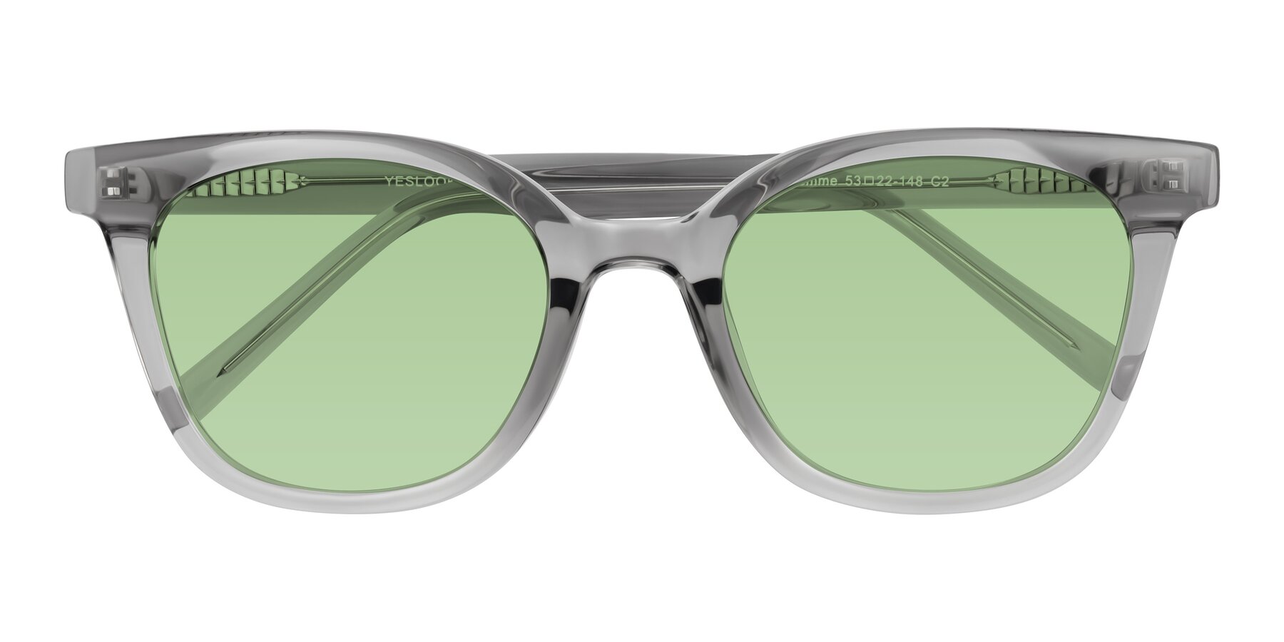 Folded Front of Jeromme in Transparent Gray with Medium Green Tinted Lenses
