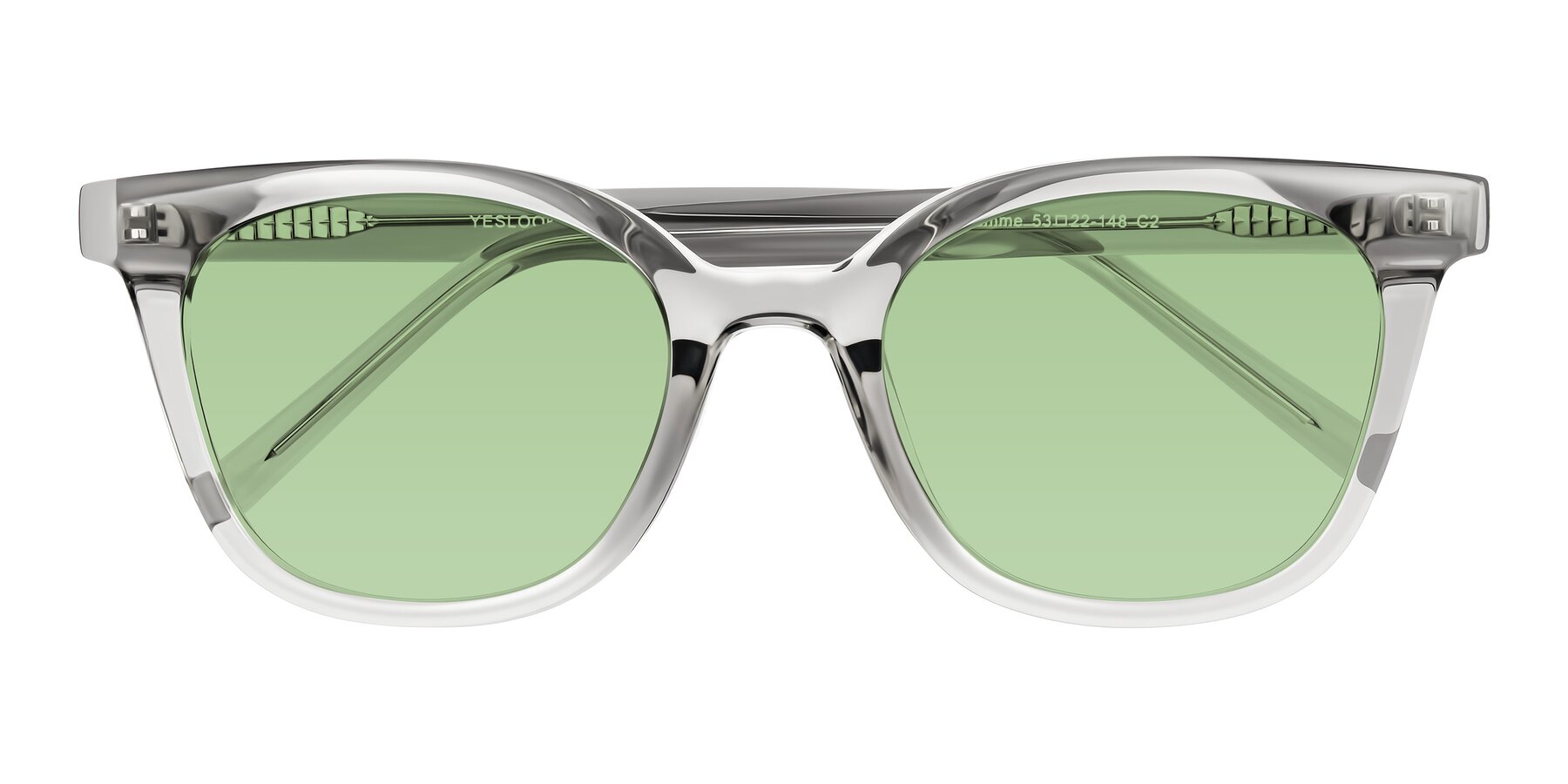 Folded Front of Jeromme in Transparent Gray with Medium Green Tinted Lenses