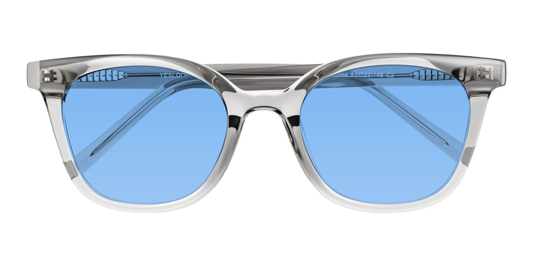 Folded Front of Jeromme in Transparent Gray with Medium Blue Tinted Lenses