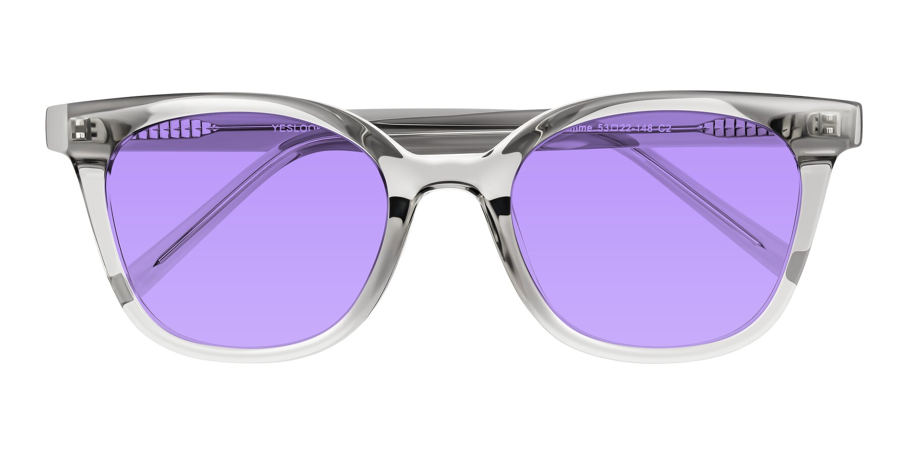 Folded Front of Jeromme in Transparent Gray with Medium Purple Tinted Lenses