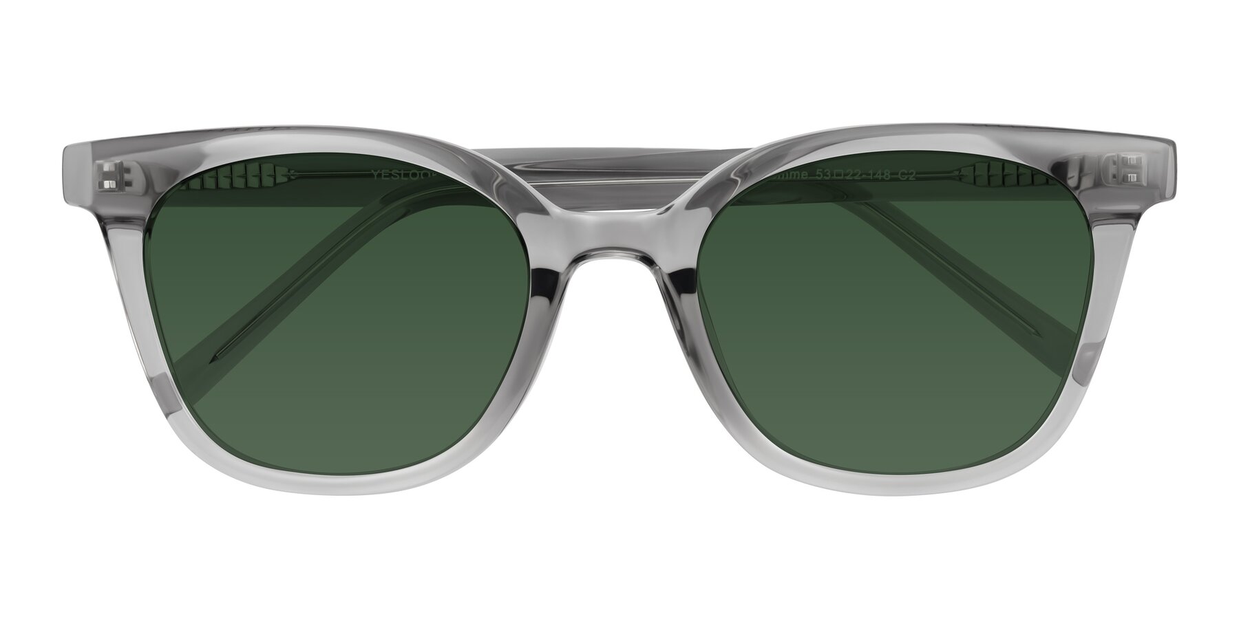 Folded Front of Jeromme in Transparent Gray with Green Tinted Lenses