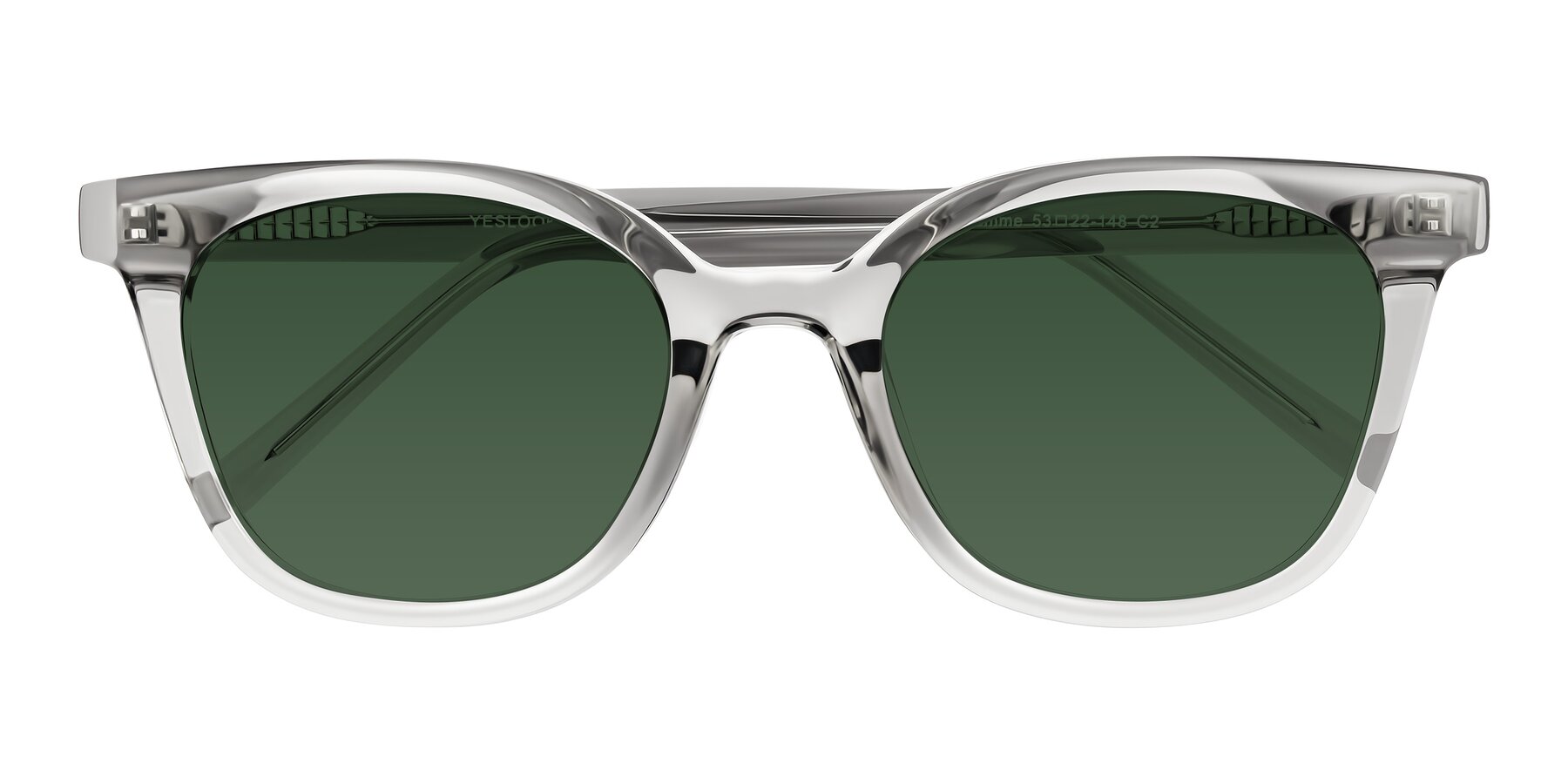 Folded Front of Jeromme in Transparent Gray with Green Tinted Lenses