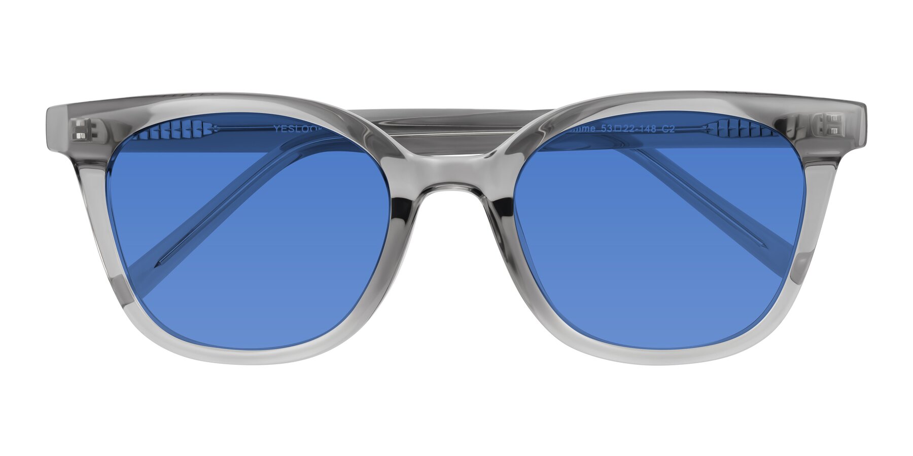 Folded Front of Jeromme in Transparent Gray with Blue Tinted Lenses