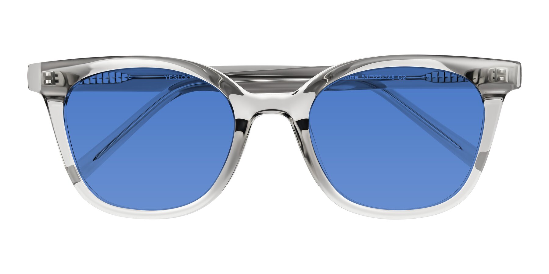 Folded Front of Jeromme in Transparent Gray with Blue Tinted Lenses