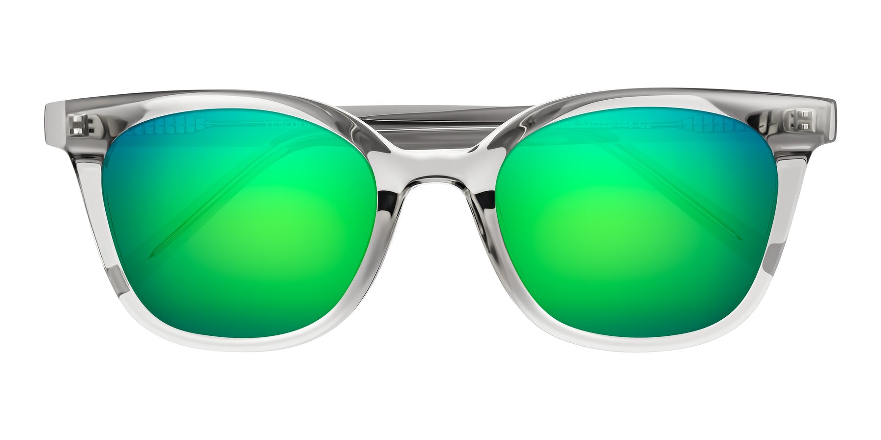 Folded Front of Jeromme in Transparent Gray with Green Mirrored Lenses