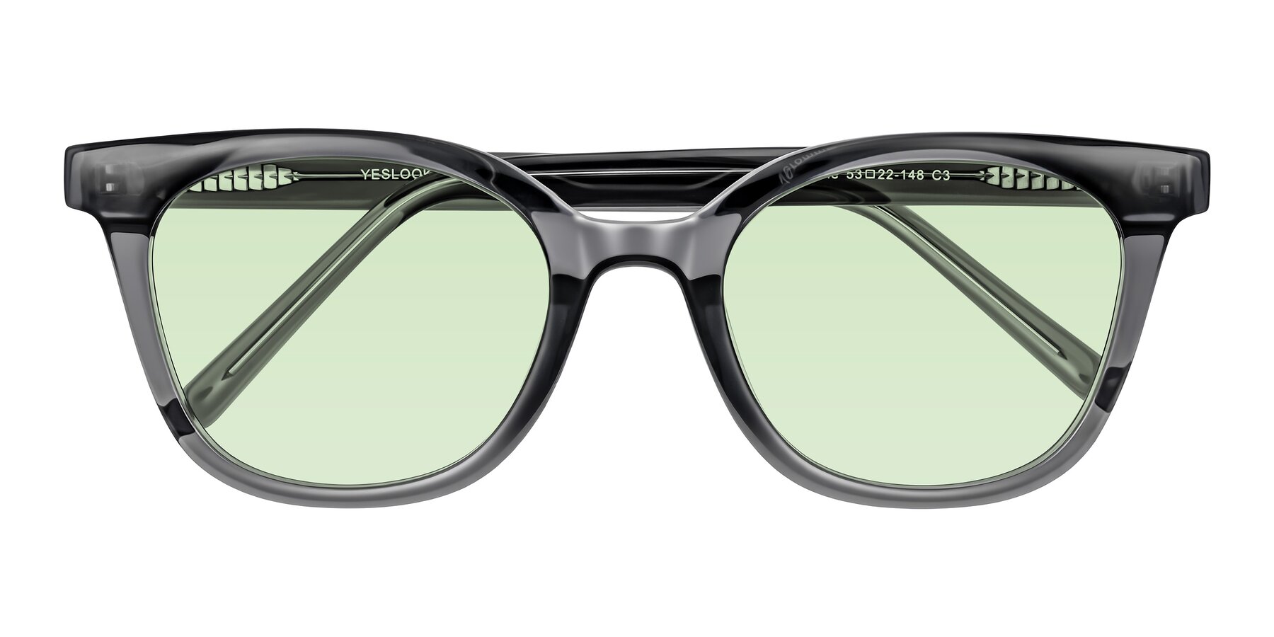 Folded Front of Jeromme in Translucent Gray with Light Green Tinted Lenses
