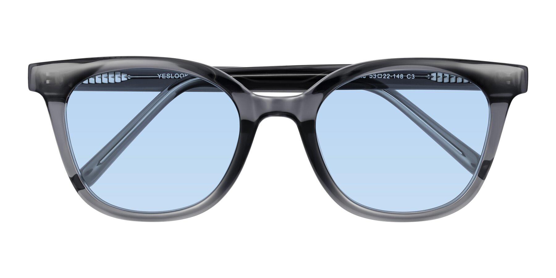 Folded Front of Jeromme in Translucent Gray with Light Blue Tinted Lenses