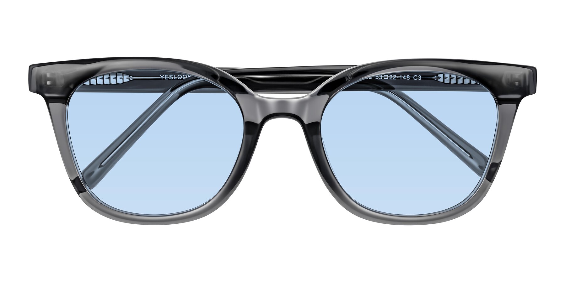 Folded Front of Jeromme in Translucent Gray with Light Blue Tinted Lenses