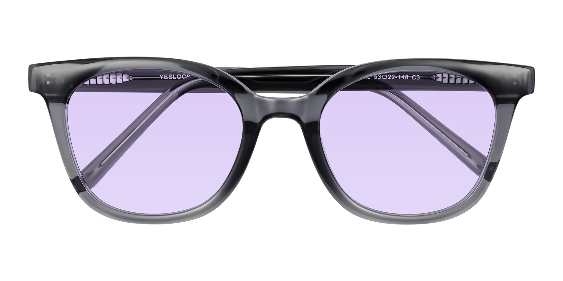 Folded Front of Jeromme in Translucent Gray with Light Purple Tinted Lenses