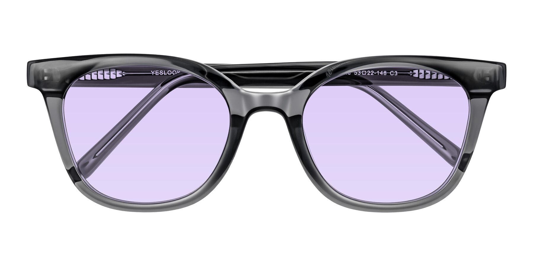 Folded Front of Jeromme in Translucent Gray with Light Purple Tinted Lenses
