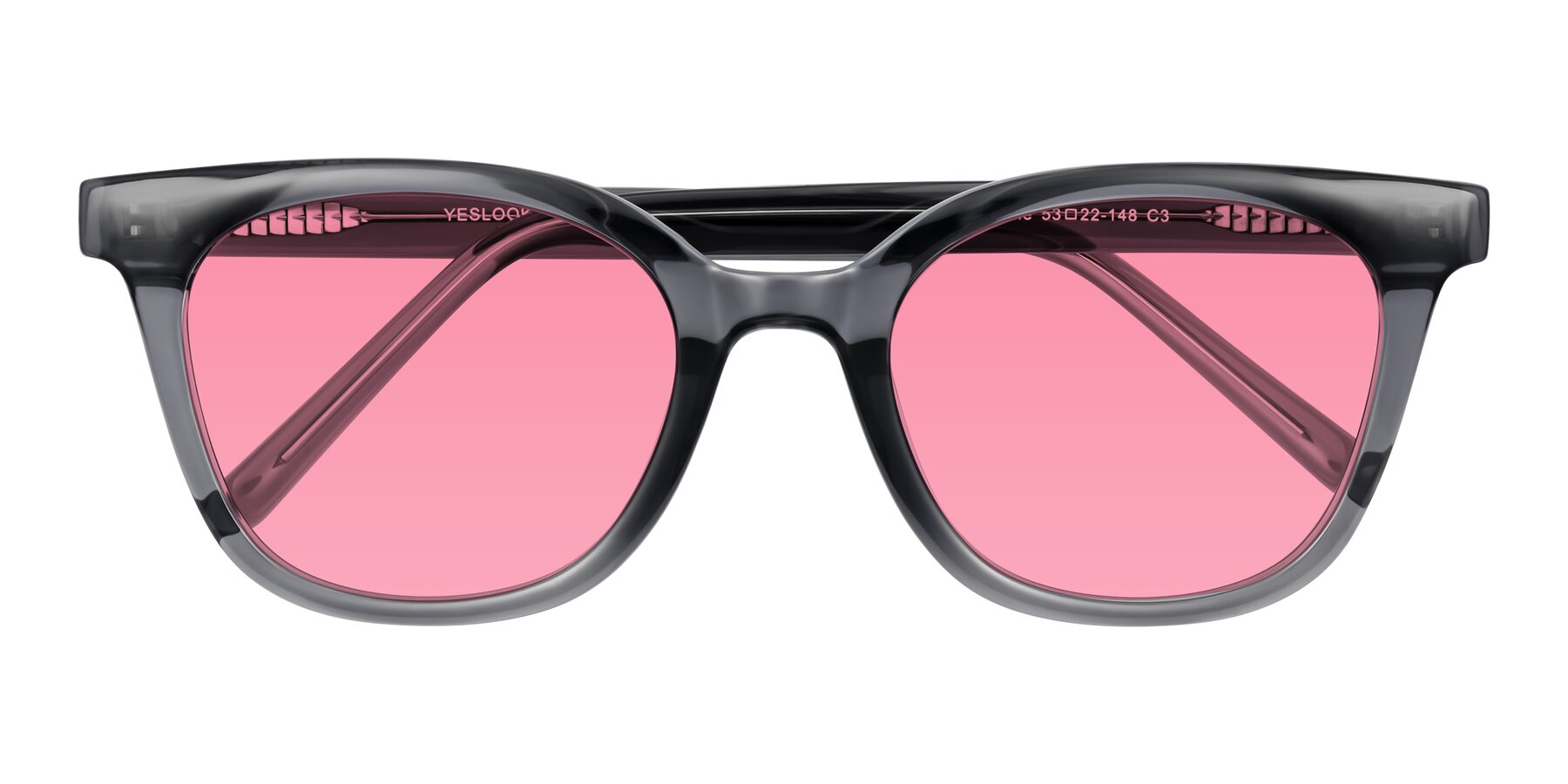 Folded Front of Jeromme in Translucent Gray with Pink Tinted Lenses