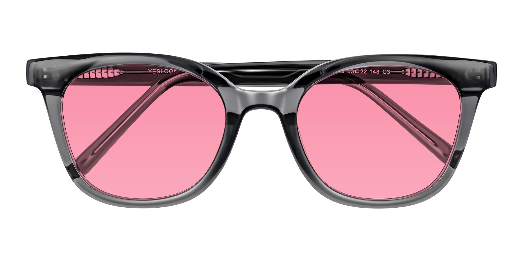 Folded Front of Jeromme in Translucent Gray with Pink Tinted Lenses