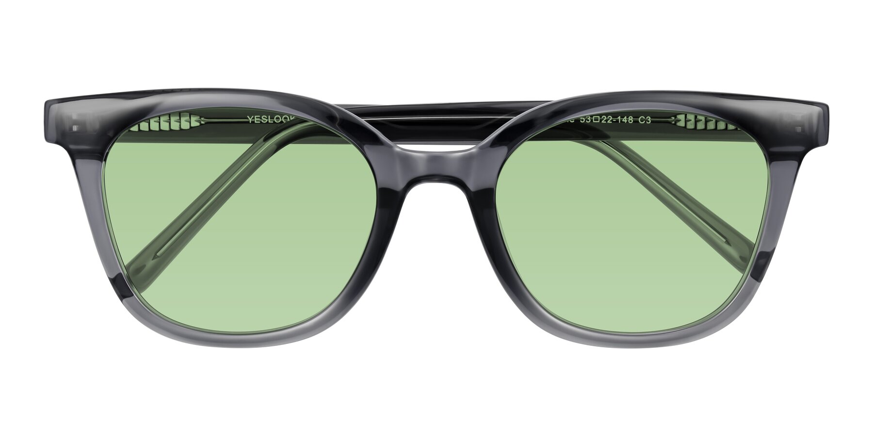 Folded Front of Jeromme in Translucent Gray with Medium Green Tinted Lenses
