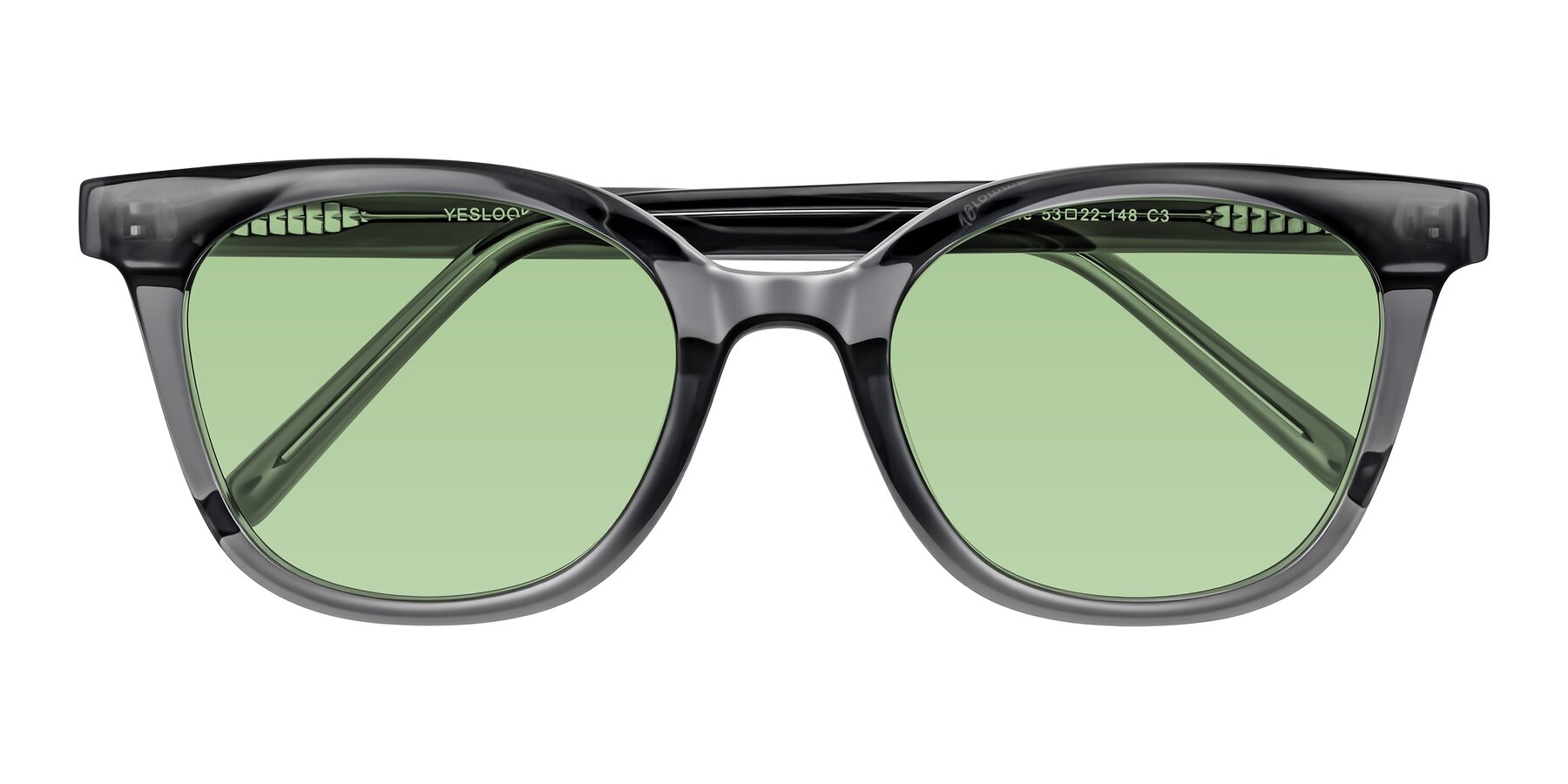 Folded Front of Jeromme in Translucent Gray with Medium Green Tinted Lenses