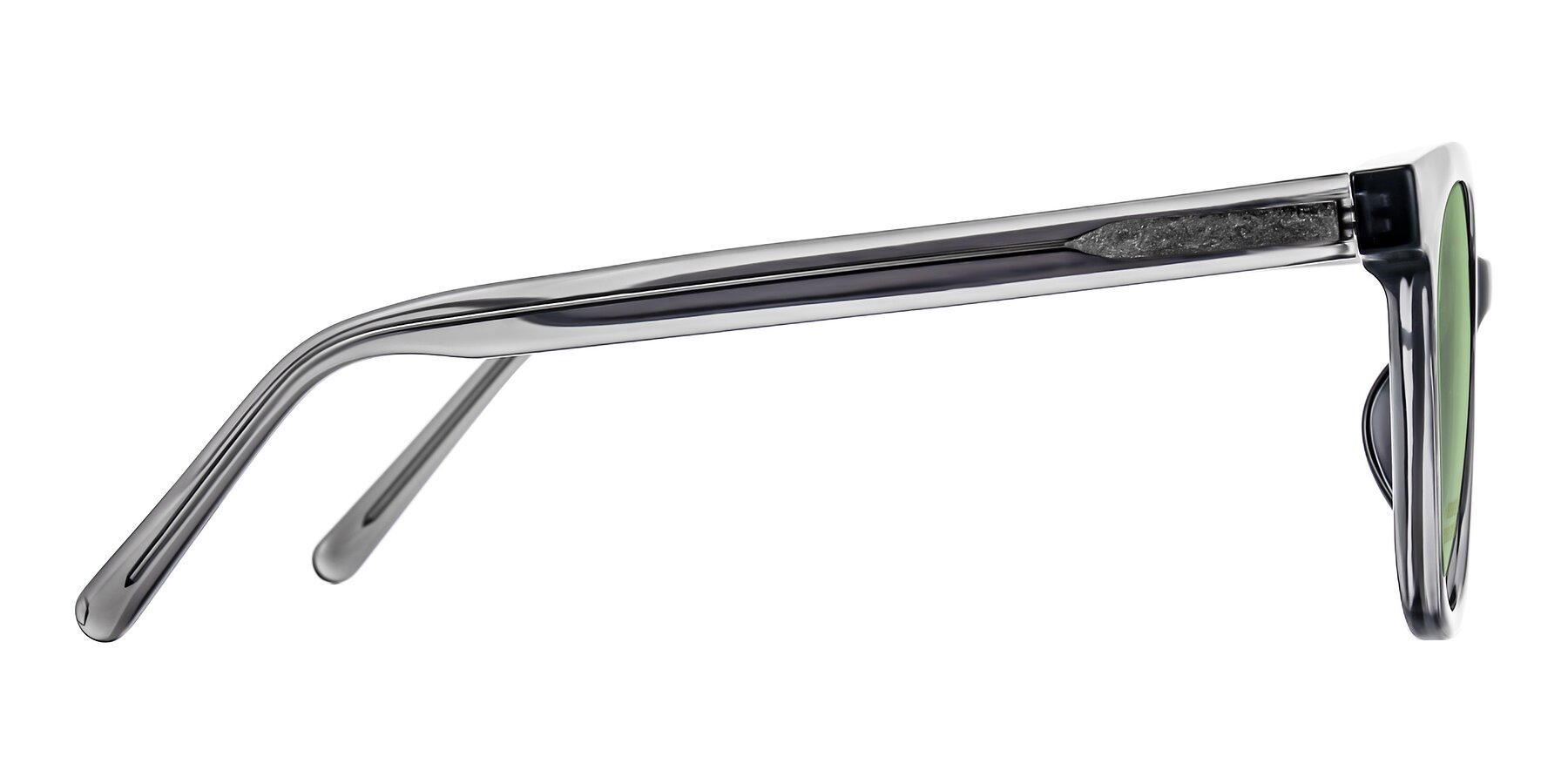 Side of Jeromme in Translucent Gray with Medium Green Tinted Lenses
