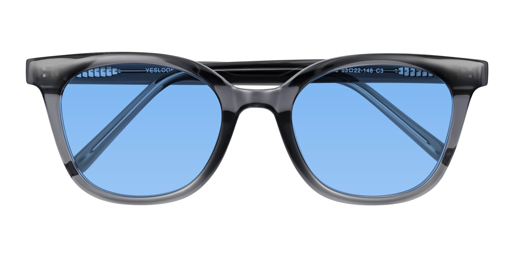 Folded Front of Jeromme in Translucent Gray with Medium Blue Tinted Lenses