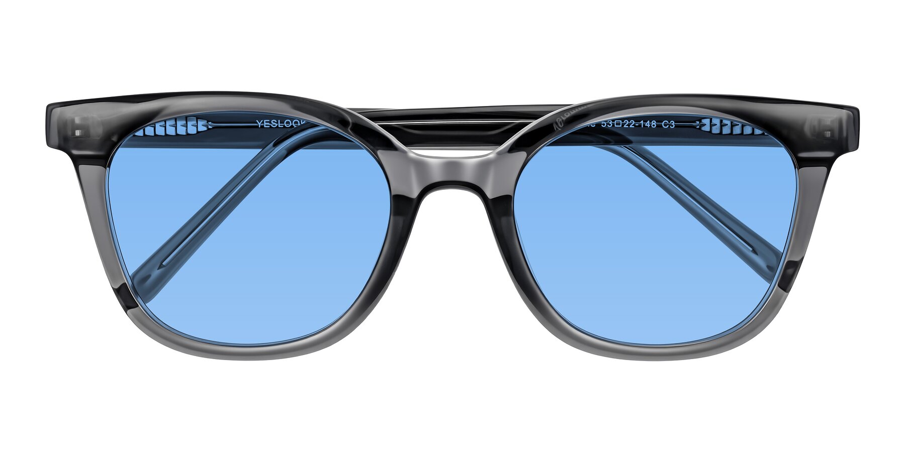 Folded Front of Jeromme in Translucent Gray with Medium Blue Tinted Lenses