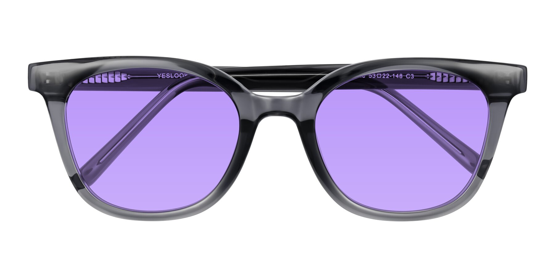 Folded Front of Jeromme in Translucent Gray with Medium Purple Tinted Lenses