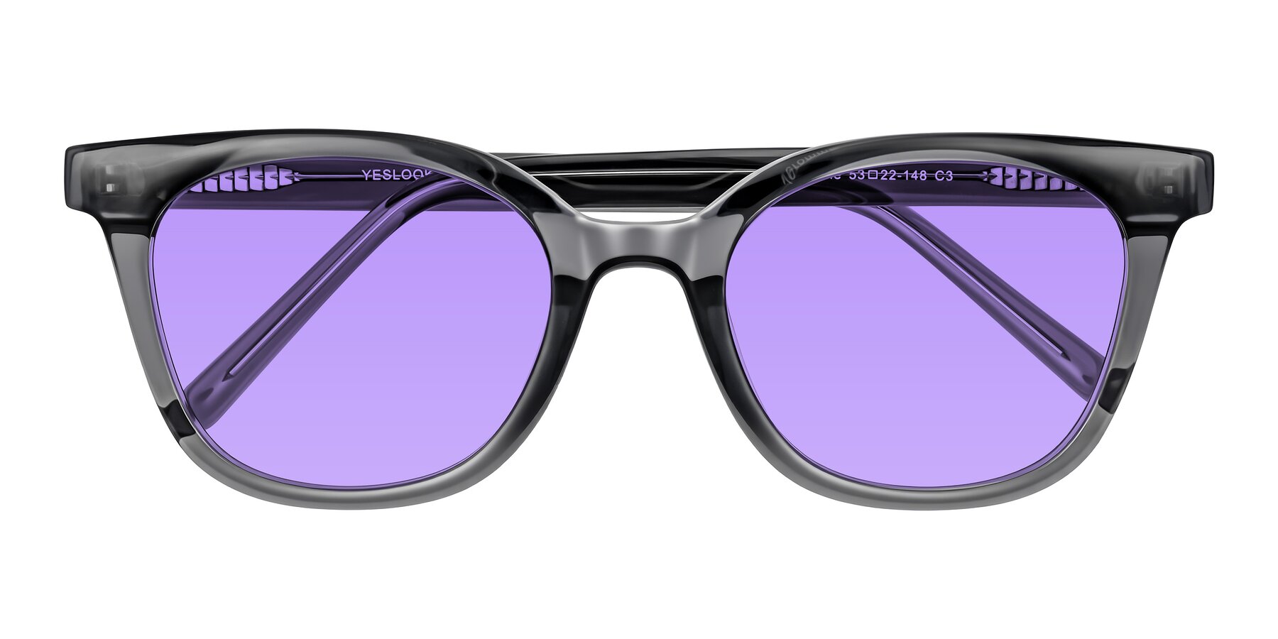 Folded Front of Jeromme in Translucent Gray with Medium Purple Tinted Lenses