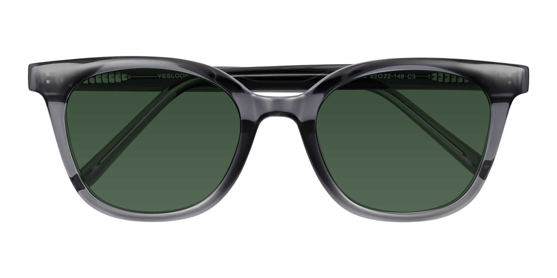 Folded Front of Jeromme in Translucent Gray with Green Tinted Lenses