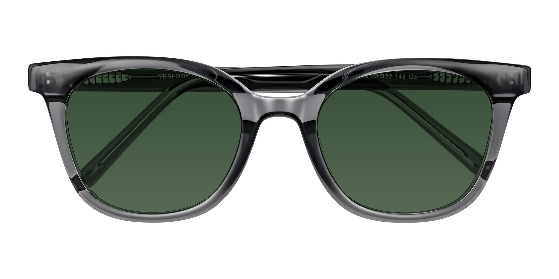 Folded Front of Jeromme in Translucent Gray with Green Tinted Lenses